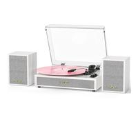Vinyl Record Player with External Speakers, 3 Speed Vintage Belt Drive Turntable Record Player with Stereo Speakers RCA Audio Out and Aux-in, White Wood