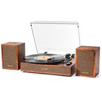 Vinyl Record Player with External Speakers, 3 Speed Vintage Stereo Turntable for Vinyl Records, Bluetooth Input, Auto Stop & Belt Driven System, RCA Out and Aux in - Brown Wood