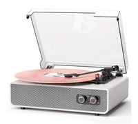 Vinyl Record Player with Upgraded Built-in Speakers, 3-Speed Belt-Driven Bluetooth Turntable for Vinyl Records, White Wood Grain Vintage Phonograph with RCA Out & AUX in, Auto Stop, MDF Cabinet