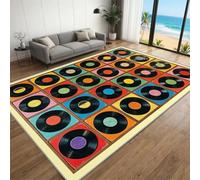 Vinyl Record Rug for Living Room, Retro Musics Theme Area Rug 90 x 120 cm, Colorful LP Record Pattern Carpet, Non-Slip Washable Floor Mat Cool Music Lovers Gift for Bedroom Music Studio Home Decor