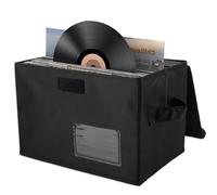 Vinyl Record Storage Box, 13 Inch Record Storage Case with Lid and Handles Stackable and Collapsible Storage Crate Holds up to 80 LP Records Organizer Case Box for Valuable Albums CDs (Black)