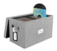 Vinyl Record Storage Box for 45 RPM LPs, 7-inch Record Holder Case with Lid | Gray Record Case with Handle, Holds 80 Albums, Collapsible Vinyl Collection Storage, CD Crate, File Folder Cabinet Organizer