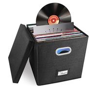 Vinyl Record Storage Box for 50+ Single LPs (12-Inch), Stackable Albums Linen Crate with Lid, Collapsible Play Music Collection Holder, Document File Folder Cabinet Organizer Case with Handle
