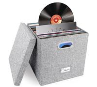 Vinyl Record Storage Box for 50+ Single LPs (12-Inch), Stackable Albums Linen Crate with Lid, Collapsible Play Music Collection Holder, Document File Folder Cabinet Organizer Case with Handle