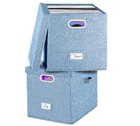 Vinyl Record Storage Box Set of 2 - for 100+ Single LPs (12-Inch), Stackable Albums Linen Crate with Lid, Play Music Collection Holder, Document File Folder Cabinet Organizer Case with Handle
