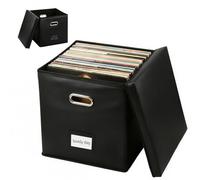 Vinyl Record Storage Box with Lid and Handle, Fireproof and Water Resistant Record Organiser 13 in Stackable & Collapsible Records Crate Holds Up to 50+ LP Records for Valuable Album Collection