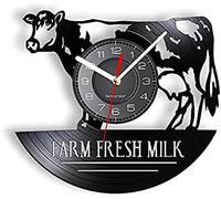 Vinyl Record Wall Clocks Farm Fresh Milk Re-purposed Record Wall Clock Cow Dairy Products Display Vinyl LP Wall Watch Non-Ticking Wall Hanging Art-Decor LED Clock Gifts