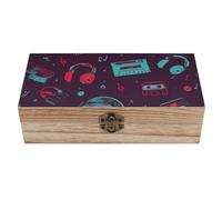 Vinyl Records Musical Notes Cassette Wooden Box with Hinged Lid Wood Storage Boxes Jewelry Container Keepsake Home Decor