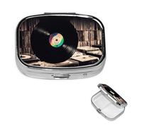 Vinyl Records Pill Box 2 Compartment Round Metal Pill Case for Purse & Pocket, Portable Medicine Organizer Travel Pillbox Daily Pill Container Holder to Hold Vitamins, Fish Oil