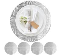 Vinyl Round Placemats Set of 4 - Non Slip Place Mats Ideal for Indoor and Outdoor Dining Table - Washable and Heat Resistant Table Mat for Kitchen Tables (Vincent Silver)