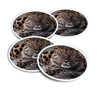 Vinyl Round Stickers (Set of 4) 10cm - Amur Leopard Big Cat Wild Animal for Laptops, Tablets, Luggage, Scrap Booking, Fridges #52601