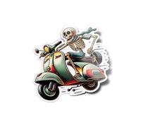 Vinyl Stickers Skeleton Vespa Rider Sticker - Vintage Italian Scooter Decal for Motorcycle Enthusiasts, GTS 150 300 50, Classic Design Orange Green - 9 cm