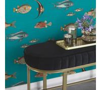 Rasch 553536 Non-Woven Wallpaper in Turquoise with Textile Topic and Colourful Fish 10.05 m x 0.53 m (L x W)