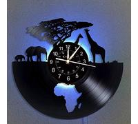 Vinyl Wall Clock, Africa - Safari animals 7 Color Night Lamp Retro Wall Clock, South African animal Gifts Handmade Home Wall Decor,A,With light