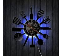 Vinyl Wall Clock, Kitchen Kitchenware Pattern Design Modern with 7 Colors LED Night Light Decorative Silent Gift. (with light)