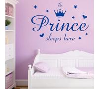 Vinyl Wall Decals Quote The Prince Sleeps Here Blue Crown Diamond Wall Stickers Removable DIY Art Words Mural Wallpaper Decor for Boys Kids Bedroom Nursery Home Decoration