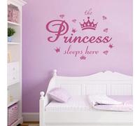 Vinyl Wall Decals Quote The Princess Sleeps Here Pink Crown Diamond Wall Stickers Removable DIY Art Words Mural Wallpaper Decor for Girls Kids Bedroom Nursery Home Decoration