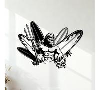 Vinyl Wall Decals Surfing Beach Surfboard Neptune Statue Beach House Vacations 35x48.7cm Multiple Size Options Black