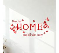 Vinyl Wall Stickers Bless This Home and All who Enter Wall Decals Flowers Butterfly 53x111.2cm Art Decoration Red