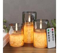 VIODAIM Ice Crystal Real Wax Glass Flameless Candles with Remote & Timer, Battery Operated Candles with Warm Flickering Flame, Realistic LED Candle for Wedding Home Decor [D3×H4/5"/6"] Grey, 3Pack