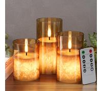 VIODAIM Ice Crystal Real Wax Glass Flameless Candles with Remote & Timer, Battery Operated Candles with Warm Flickering Flame, Realistic LED Candle for Wedding Home Decor [D3×H4/5"/6"] Gold, 3Pack