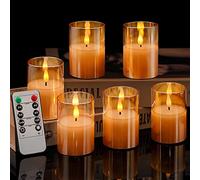 VIODAIM LED Flameless Glass Votive Candles: Battery Operated Flickering Gold Pillar Candle with Remote and Timer for Fireplace Window Wedding Home Decorations