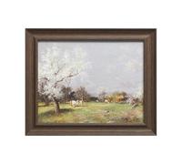 VIOLABBEY Canvas Wall Art Framed, Natural Landscape Prints, White Blossom Tree Green Meadow with Grazing Cows Poster, Rustic Decor for Living Room Bedroom Hallway Kitchen Bathroom, 20x25 cm