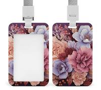Violet and Crimson Flowers Badge Holder with Lanyard - Waterproof Hard Plastic ID Card Holder Professional Name Tag Vertical ID Card Name Badge for Office Nurse Doctor Teacher