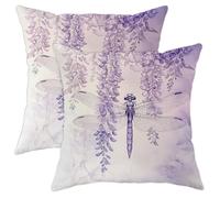 Violet Dragonfly Pillow Covers Set of 2, Floral Wisteria Throw Pillow Cases, Spring Holiday Decorative Square Cushion Covers for Home Sofa Couch, Botanical Style Decor 20x20 Inch