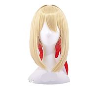 Violet Evergarden Cosplay Wigs Blonde Braided Buns Heat Resistant Synthetic Hair Wig + Wig Cap + Red Ribbons