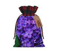 Violet Flower Christmas Drawstring Linen Gift Bag Paired With Scottish Plaid Fabric, With A Delicate And Simple Texture