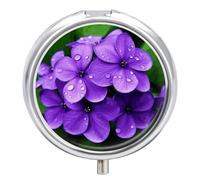 Violet Flower Pill Box - 3 Compartment Travel Pill Organizer with Small Mirror, Portable Pillcase for Pocket & Purse, Cute Round Medicine Case, Weekly Medicine Container