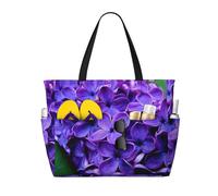 Violet Flower Print Large Waterproof Beach Tote Bag for Women with Zip and Pockets Foldable Handbag for Travel Pool Shopping Holiday Gym