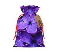 Violet Flower Printed Christmas Drawstring Bags with Red Christmas Ribbon - Reusable Burlap Drawstring Gift Pouches, S