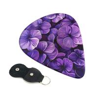 Violet Flower Printed Guitar Picks, 6 Pack with Leather Keychain Pick Holder - 0.46mm, 0.71mm, 0.96mm Assorted Thickness for Acoustic Ukulele, Electric Guitar, Acoustic Guitar, Bass