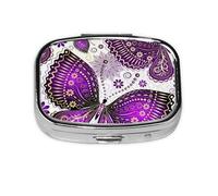 (Violet-Gold Butterflies) Square Pill Box with 2 Compartment Small Pill Organizer Portable Pill Case Vitamin Containers, Travel Essentials 5.5x4x1.8 cm