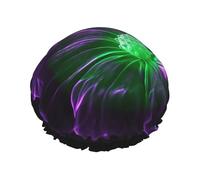 Violet Green Glow Shower Caps for Women Reusable Waterproof Shower Cap with Elastic Strap Bath Hair Hat Double Layers Thick Bath Caps for Spa Salon Travel