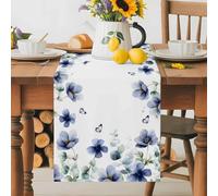 Violet Green Plants Table Runner 13x120 Inches Long Pastoral Eucalyptus Leaves Flowers Butterfly Cotton Linen Table Runner Burlap Style for Dinner Table Party Decor Tabletop Decorations