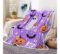 Violet Halloween Throw Blanket for Kids, Cute Ghost Pumpkin Black Bat Flowers Boo Flannel Lightweight Blankets, Funny Cartoon Spooky Halloween Cozy Soft Throw for Couch Bed Sofa Living Room 60X70IN