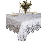 Violet Linen Elegant Velvet Lace Sheer Floral Deluxe Design Tablecloths, 70" x 120", White