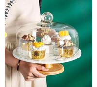 VIOLET LONDON Glass Dome Cake Stand with Wooden Base - Elegant Marble Ceramic Dessert Display for Cakes, Cupcakes, Pastries & More 8inch