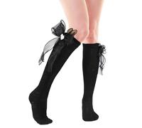 Violet Mist Girls Cute Ruffle Knee High Socks Women Novelty Pearl Bow Knee High Tube Long Socks Kawaii Goth Lolita Socks Gift, Black Knee High With Black Bow, One size