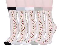 Violet Mist Lace Socks Womens Girls Novelty Mesh Sheer Socks Cute Ultrathin See Through Transparent Silk Summer Nylon Socks, 5 Pack- White Floral, One size