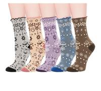 Violet Mist Ruffle Socks Women Cute Floral Ankle Girl Frilly Vintage Patterned Casual Cotton Lettuce Crew Fashion Dress Socks, Vintage Floral, One Size