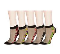 Violet Mist Sheer Mesh Ankle Socks Women Girls Cute Floral Transparent See Through Embroidered Thin Nylon Short Summer Socks, Black Flower, One Size