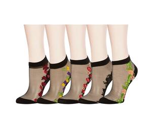 Violet Mist Sheer Mesh Ankle Socks Women Girls Cute Floral Transparent See Through Embroidered Thin Nylon Short Summer Socks, Black Flower, One Size