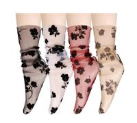 Violet Mist Sheer Mesh Lace Slouch Socks - Kawaii Floral Tulle Cute Lolita Loose Socks - Gifts for Women, Teen Girls, Sexy Vintage Rose-4pack, One size