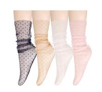 Violet Mist Sheer Mesh Lace Slouch Socks - Kawaii Floral Tulle Cute Lolita Loose Socks - Gifts for Women, Teen Girls, Polka Dot1-4pack, One size