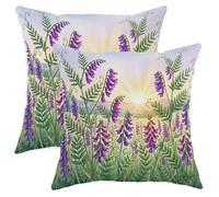 Violet Throw Pillow Covers Set of 2, Botanical Fanciful Green Sunrise Spring Violet with Hidden Zipper Couch Pillow Covers for Living Room Bed Office Sofa Chair Decor 14x14 Inch