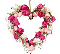 VioletEverGarden 18in Heart Valentine's Day Wreath with White, Pink, Red Tulip, Berry & Green Leaf for Valentine's Day, Wedding, Festival Decor